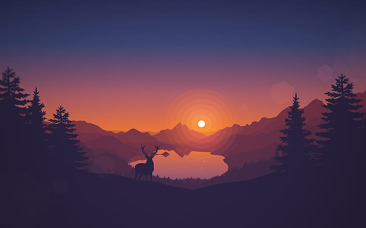 paesaggio piatto, lago, tramonto, cervo, Altro, Sfondo HD