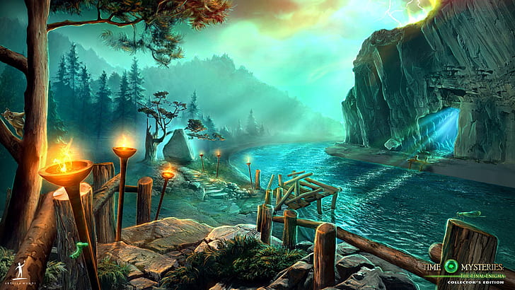 Video Game, Time Mysteries 3: The Final Enigma, Cave, Dock, Path, River, Time Mysteries, Torch, Tree, HD wallpaper