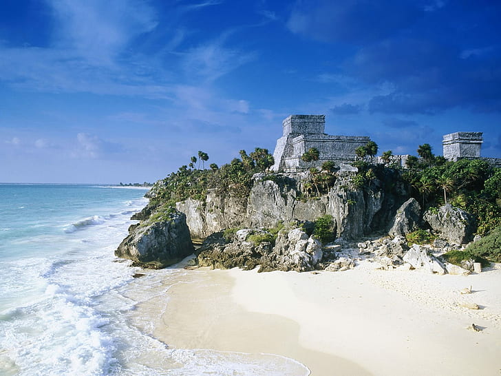マヤ遺跡メキシコビーチ、ビーチ、メキシコ、マヤ、遺跡、 HDデスクトップの壁紙