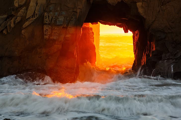 sea, rocks, Sunset, Big Sur, Pfeiffer Beach, Monterey, HD wallpaper