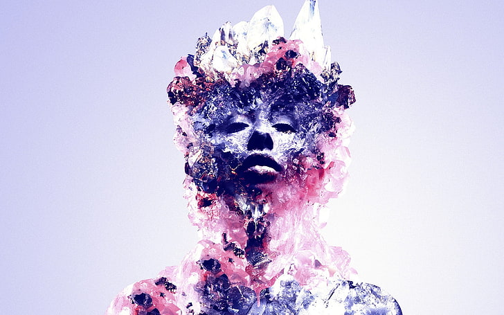 potret wanita warna-warni, Justin Maller, abstrak, seni digital, wajah, kristal, Wallpaper HD