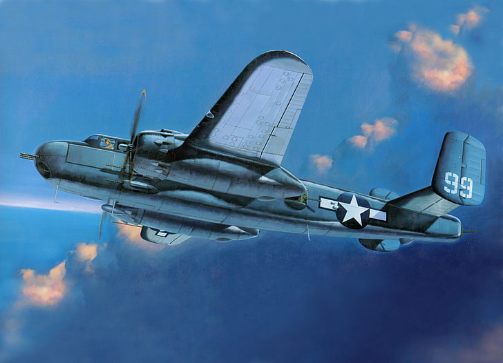 the sky, figure, art, bomber, action, American, twin-engine, WW2, metal, quintuple, medium, radius, B-25, North, Mitchell, (англ.North American, B-25 Mitchell), HD wallpaper