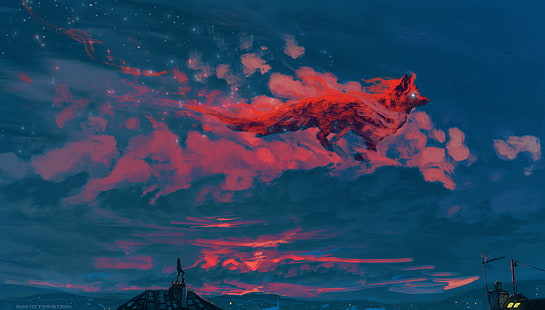 abbildung, landschaft, himmel, wolken, frauen, fuchs, fantasiekunst, HD-Hintergrundbild HD wallpaper