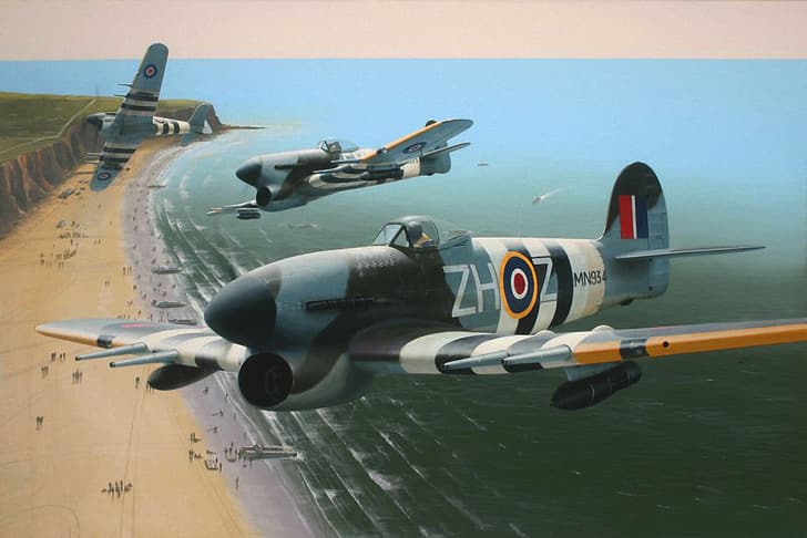 war, art, painting, drawing, ww2, Typhoon MN934, d-day, Typhoons Over Normandy by Ivan Berryman, HD wallpaper
