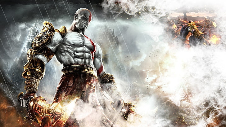 God of War Kratos digital wallpaper, fire, flame, sword, armor, god of war, kratos, god of war 3, ps3, god, strong, olympus, blade of chaos, semi god, blade of exile, HD wallpaper