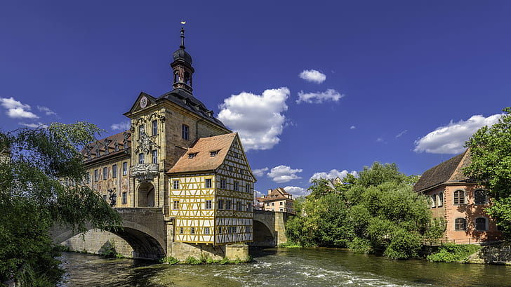 Brücke, Fluss, Deutschland, Bamberg, Rathaus, HD-Hintergrundbild