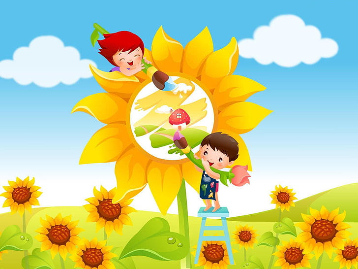Sueño infantil, ilustración de girasoles amarillos, dibujos animados, flores, dibujos animados, niños, Fondo de pantalla HD