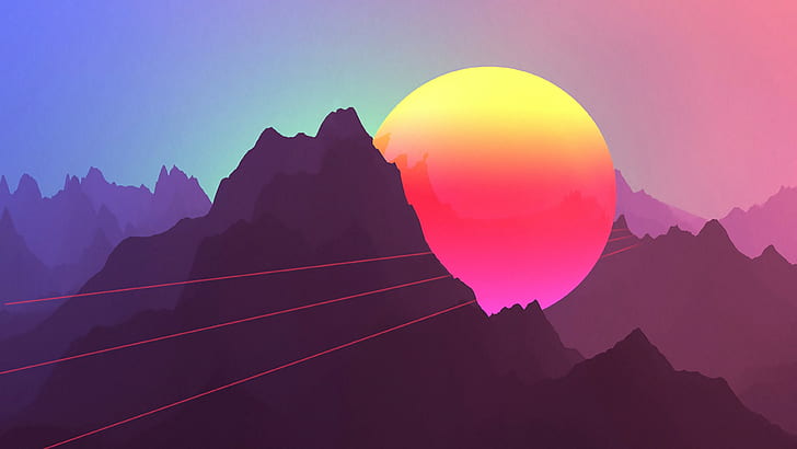 montagnes, néon, style rétro, coucher de soleil, Fond d'écran HD