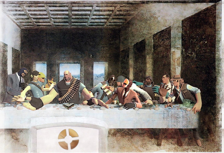 Heavy (charater), humor, Medic, Scout (character), Spy (character), Team Fortress 2, The Last Supper, HD wallpaper