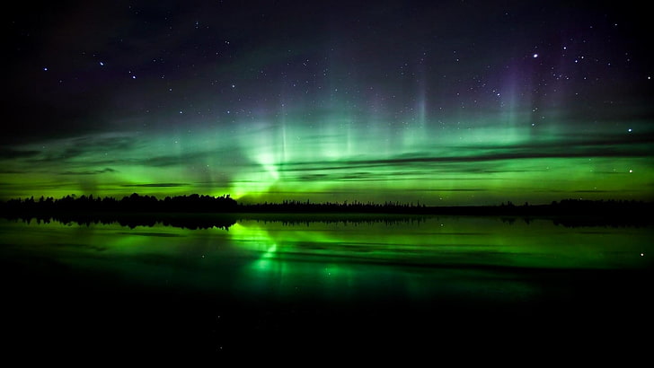 northern lights, green Northern Lights, aurorae, sky, nature, landscape, reflection, Norway, stars, lake, HD wallpaper
