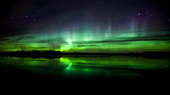 aurora boreale, aurora boreale verde, aurore, cielo, natura, paesaggio, riflesso, Norvegia, stelle, lago, Sfondo HD HD wallpaper