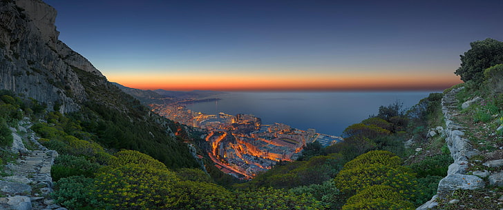 green grass field mountain, city, sea, sunset, Monaco, HD wallpaper