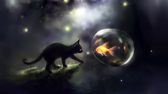 Apofiss, cat, goldfish, bubbles, black cats, artwork, fish, glowing, fantasy art, kittens, HD wallpaper HD wallpaper