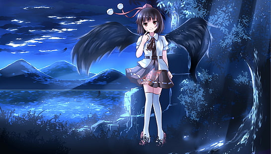 Anime, Anime Girls, Touhou, Shameimaru Aya, kurze Haare, Flügel, Nacht, braune Augen, HD-Hintergrundbild HD wallpaper