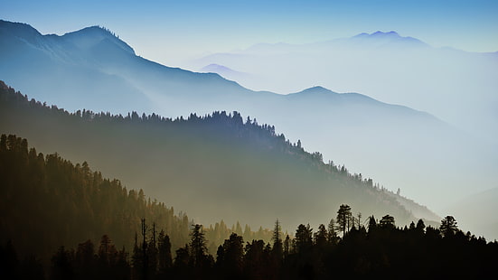 силуэт горы, лес, небо, дымчатые горы, туман, силуэт, HD обои HD wallpaper
