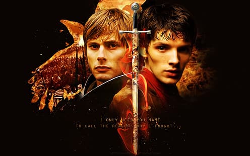 Merlin (TV-serie), Merlin, Colin Morgan, svärd, Excalibur, Arthur Pendragon, Bradley James, text, HD tapet HD wallpaper