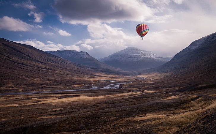 Colorful Hot Air Balloon Ride, red, blue, and yellow hot air balloon, Europe, Iceland, View, Travel, Nature, Landscape, Balloon, Flying, Journey, Photoshop, Trip, dom, Mountains, Aerial, Outdoors, Highlands, Adventure, Discovery, Explore, excursion, places, visit, hotairballoon, nordurmulasysla, HD wallpaper