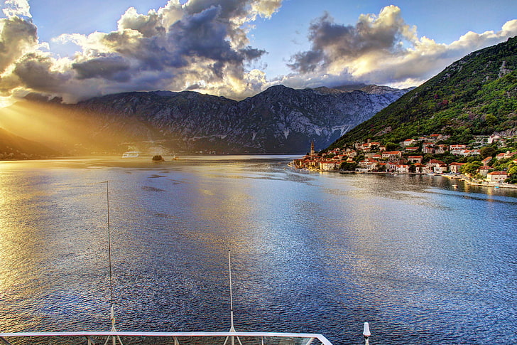 sea, clouds, mountains, coast, home, the rays of the sun, Montenegro, To, Kotor, Perast, Boka Bay, HD wallpaper