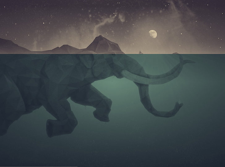 gray elephant wallpaper, elephant, water, artwork, digital art, Moon, landscape, HD wallpaper