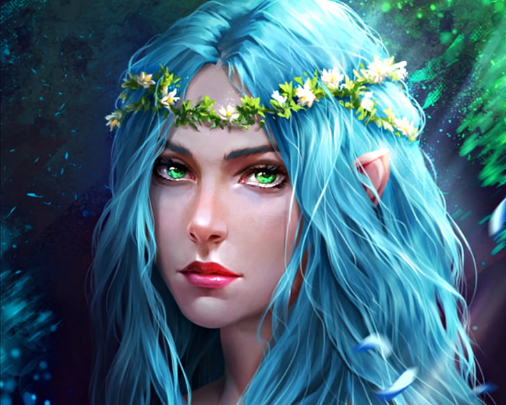 Fantasy, Elf, Blue Hair, Girl, Green Eyes, Woman, Wreath, HD wallpaper
