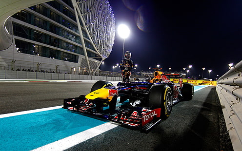 Samochód wyścigowy Formuła 1 F1 Night Lights Driver Red Bull HD, samochody, samochód, noc, czerwony, wyścig, światła, f1, jeden, formuła, byk, kierowca, Tapety HD HD wallpaper