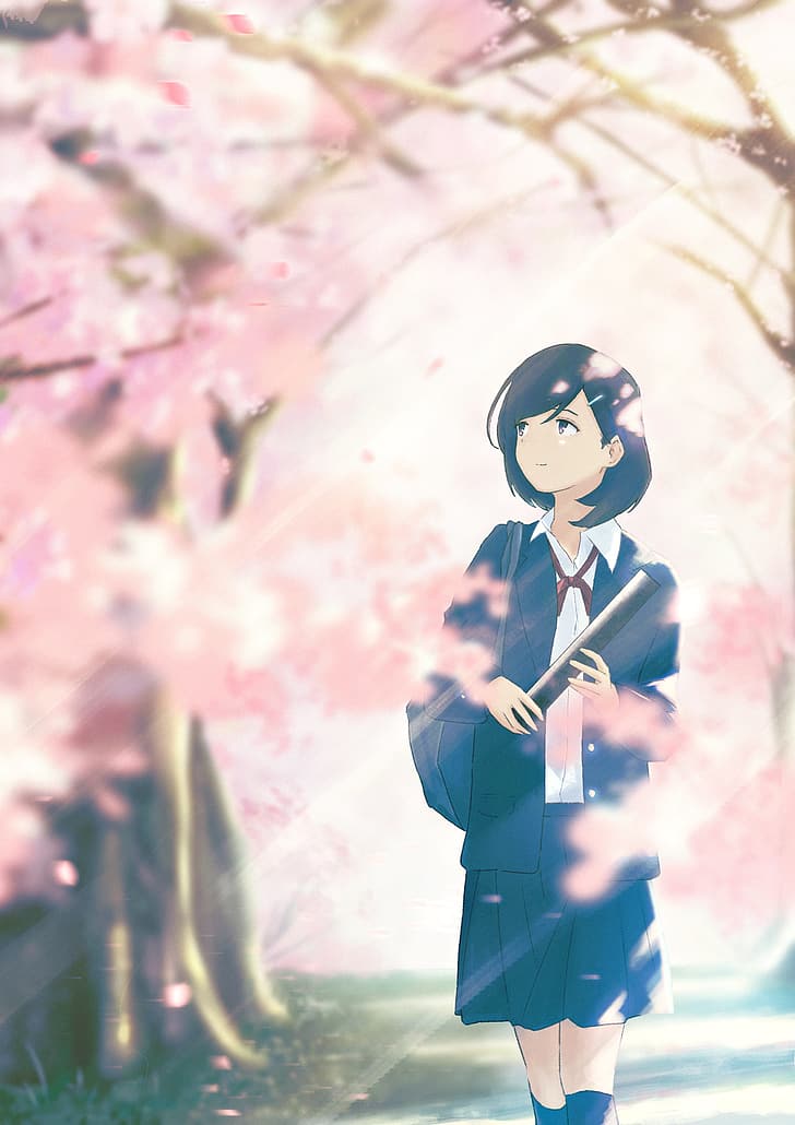 Oka Kojiro, illustration, anime girls, fleur de cerisier, levant les yeux, uniforme scolaire, cheveux courts, cheveux noirs, Fond d'écran HD, fond d'écran de téléphone
