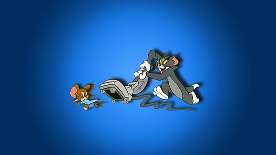 Tom and Jerry, cartoon, blue background, cat, mice, HD wallpaper HD wallpaper