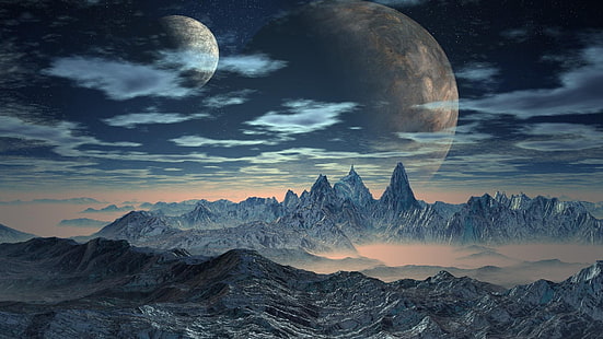 cielo, natura, arte spaziale, spazio, luna, lune, fantasy art, catena montuosa, montagna, oggetto astronomico, pianeta, universo, Sfondo HD HD wallpaper