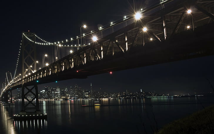 городской пейзаж, ночь, огни, архитектура, мост, мост через мост, мост через залив Окленд, Сан-Франциско, HD обои