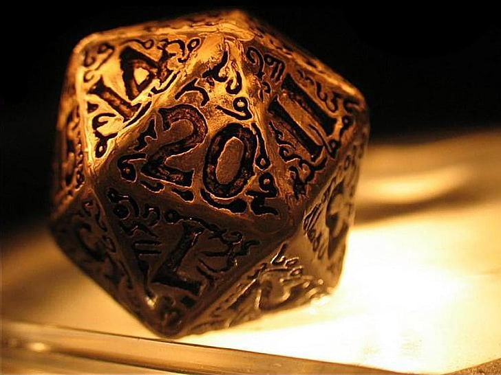 kość w kolorze złota, Dungeons and Dragons, k20, kostka, złoto, liczby, Tapety HD
