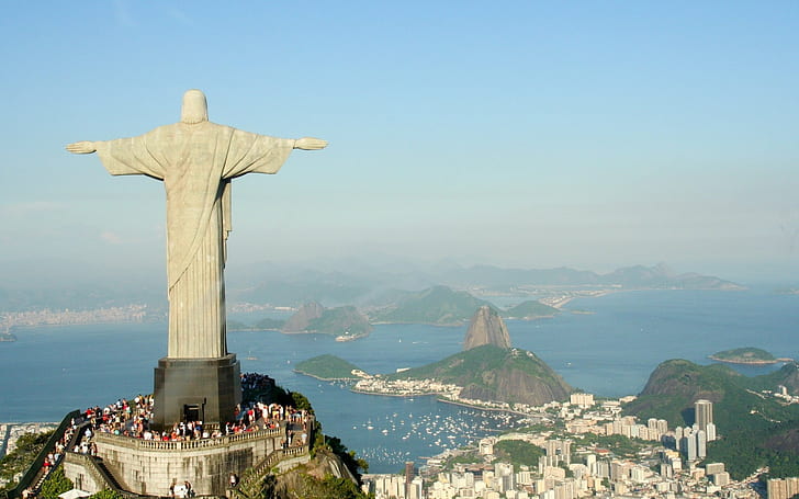 the sky, Statue, panorama, Rio de Janeiro, Brazil, Cristo Redentor, Brasil, seaview, Of Christ The Savior, HD wallpaper