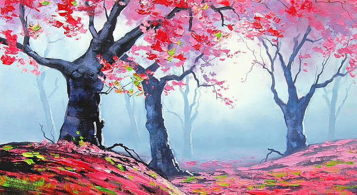 Пролетна живопис, илюстрация с три дървета с червени листа, Художествена, Рисунки, Пролет, Живопис, HD тапет