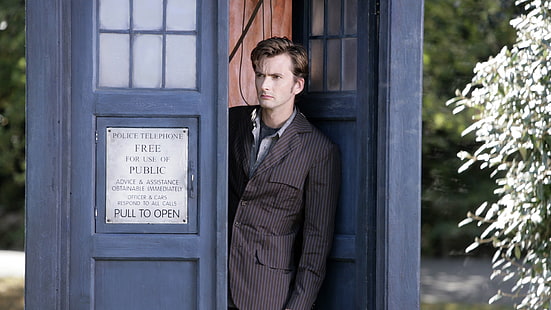Pria pinstripe coklat berlekuk kerah jas, Doctor Who, The Doctor, David Tennant, Dokter Kesepuluh, TARDIS, Wallpaper HD HD wallpaper