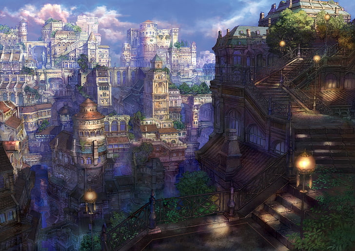 Stadt Spielgrafiken, Luftbild von Gebäuden, Anime, Natur, Architektur, Fantasiekunst, Kunstwerk, Stadtbild, HD-Hintergrundbild