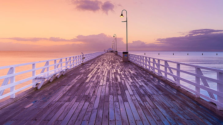 dock, Australia, pier, sea, sunrise, horizon, HD wallpaper