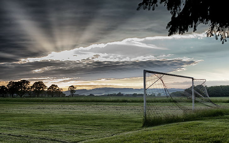 sunrise goal clouds soccer pitches, HD wallpaper