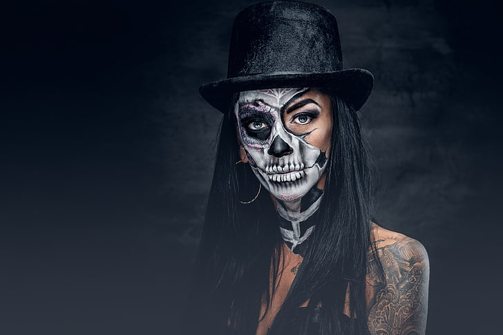 woman, look, female, makeup, day of the dead, HD wallpaper