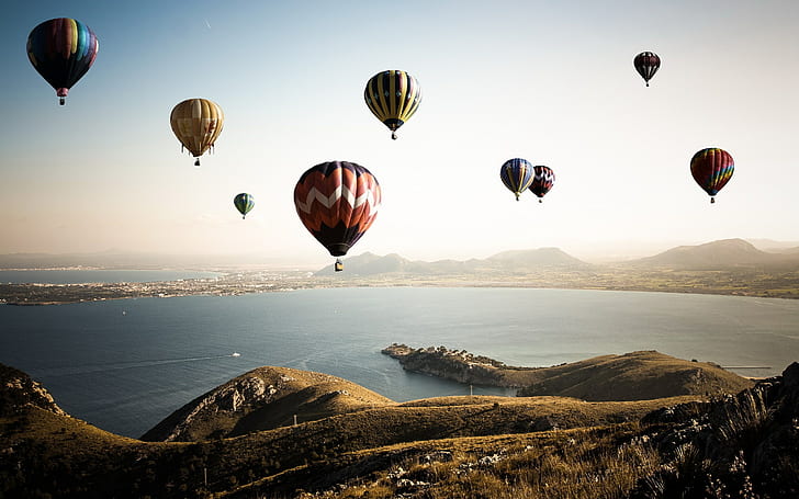 Excellent, Hot Air Balloon, Sea, Coast, Photography, excellent, hot air balloon, sea, coast, HD wallpaper