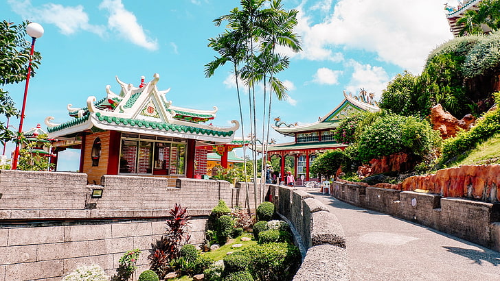 cebu taoist temple, tourist attraction, tourism, temple, palm tree, pagoda, outdoor structure, sky, taoist temple, cebu, philippines, HD wallpaper
