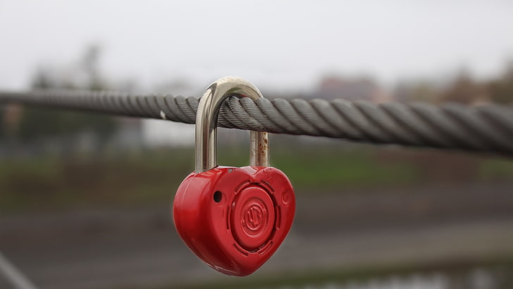 red and gray heart padlock, heart, lock, metal, HD wallpaper