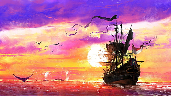 navio marrom na pintura à beira-mar, fantasia arte, obras de arte, céu, mar, HD papel de parede HD wallpaper