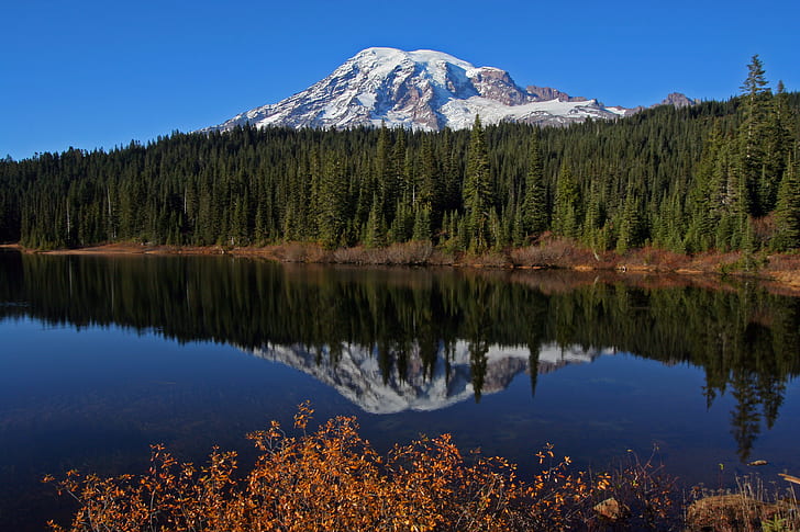 trees beside body of water during day time, mount rainier, mount rainier, Mount Rainier, trees, body of water, day, time, volcano, volcanoes, Mt Rainier, natural hazards, National Park Service, NPS, reflections, landscape, nature, lake, scenics, mountain, canada, outdoors, water, forest, alberta, tree, reflection, beauty In Nature, rocky Mountains, sky, HD wallpaper