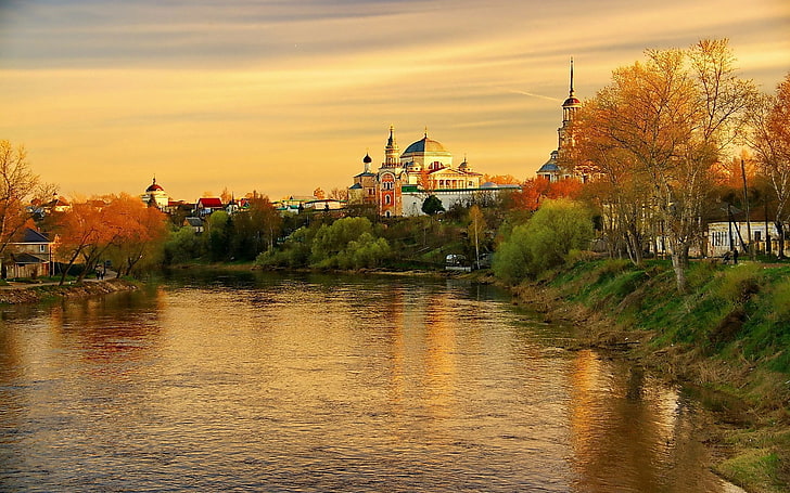 dome building, torzhok, tver region, evening, sunset, river, reflection, autumn, russia, HD wallpaper