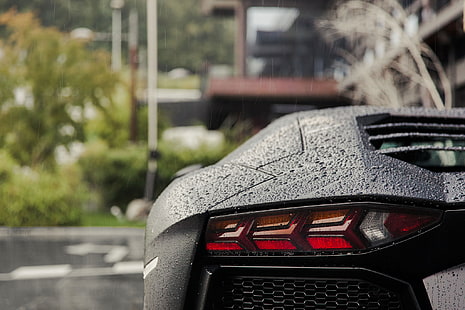 снимка отблизо на черно превозно средство, кола, Lamborghini, Lamborghini Aventador, дъжд, превозно средство, черни автомобили, Super Car, HD тапет HD wallpaper