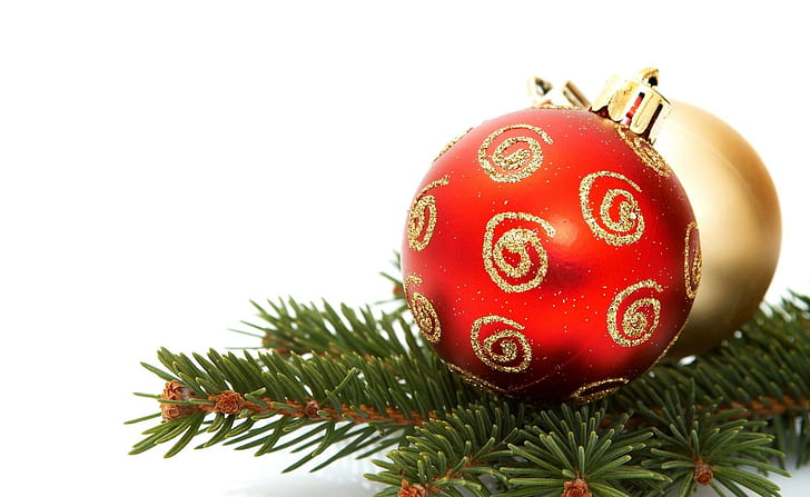 adornos navideños, globos, pareja, rama, aguja, primer plano, adornos rojos y dorados, adornos navideños, globos, pareja, rama, aguja, primer plano, Fondo de pantalla HD