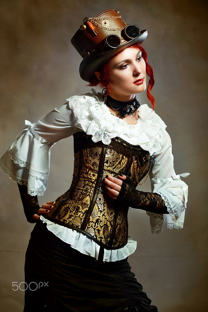 steampunk, 500px, women, model, redhead, HD wallpaper