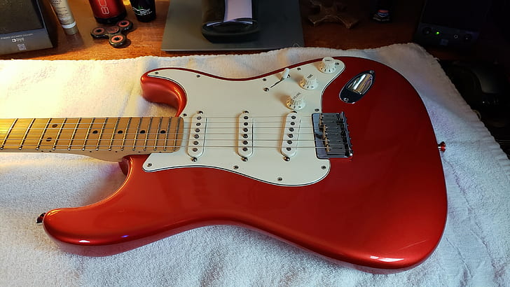 Fender, Stratocaster, guitarra, Chrome Red, Fondo de pantalla HD
