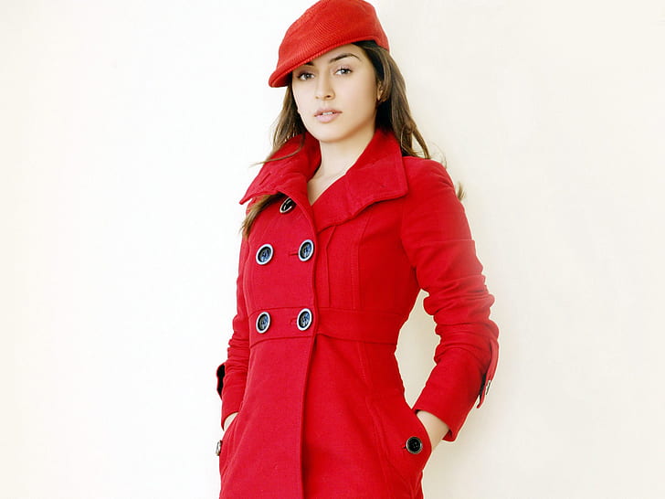 Hansika motwani HD, red trench coat, hansika, motwani, HD wallpaper