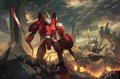  Warhammer, Warhammer 30,000, Warhammer 40,000, Tau, Tau Empire, Farsight Enclaves, red, black, white, science fiction, high tech, Farsight, sword, shield, blood, tracer shots, drone, gold, army, battle, fighting, battlesuit, ion blaster, xeno, xenos, aliens, power armor, jetpack, fire, HD wallpaper HD wallpaper