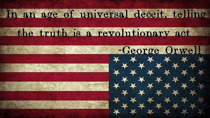 Флаг на САЩ с насложен текст, звезди, Америка, САЩ, флаг, Джордж Оруел, с главата надолу, HD тапет